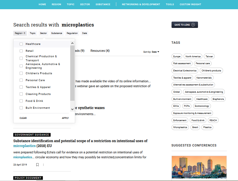 The new Chemical Watch site showing a detailed search functionality around materials