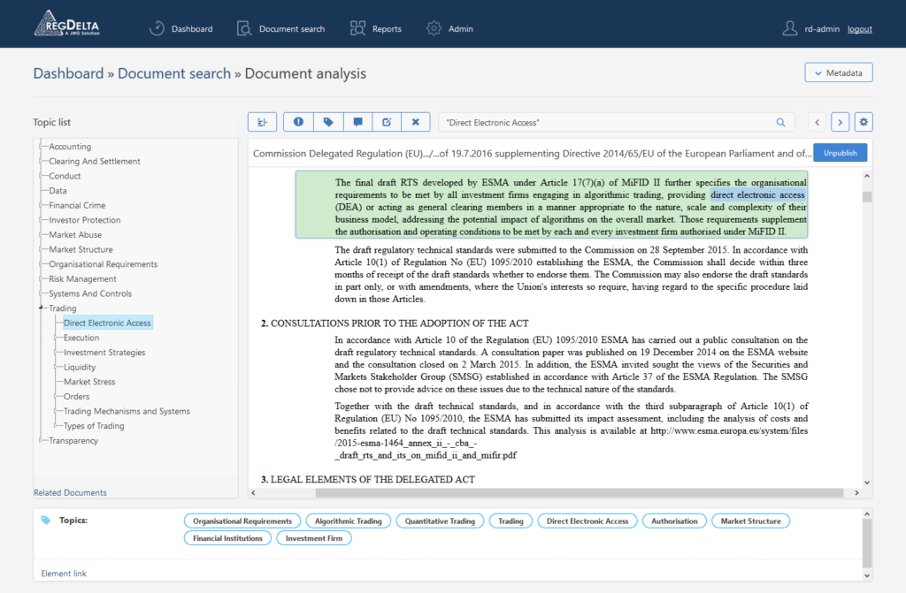 Document analysis - the relevant paragraph is displayed according to the automated classification